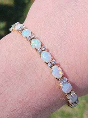 14K Yellow Gold 10.37TCW Opal & Diamond Articulated Moving Link Tennis Bracelet